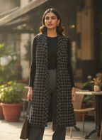 Black & White Checkered Sleeveless Long Jacket