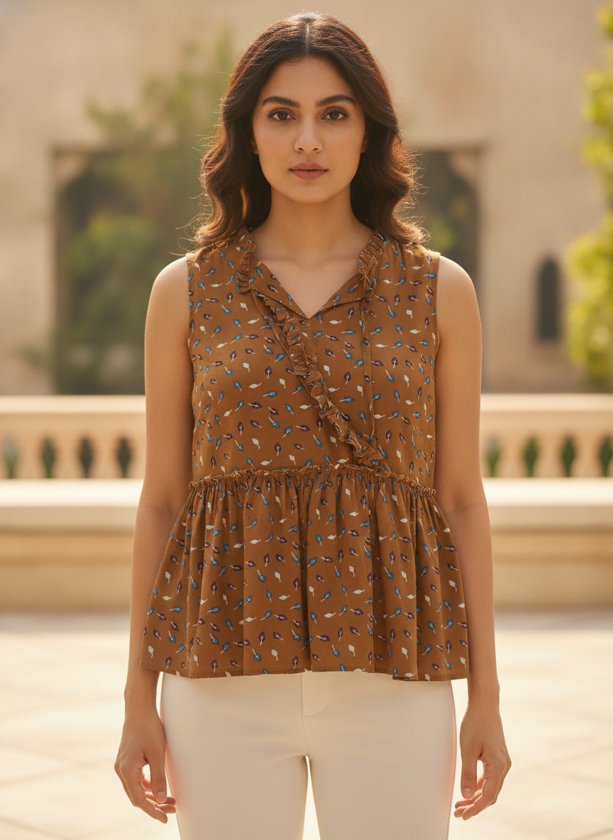Camel Leaf Print Sleeveless Peplum Top