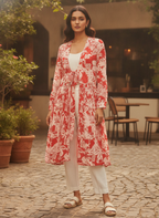 Red & White Floral Print Flared Shrug