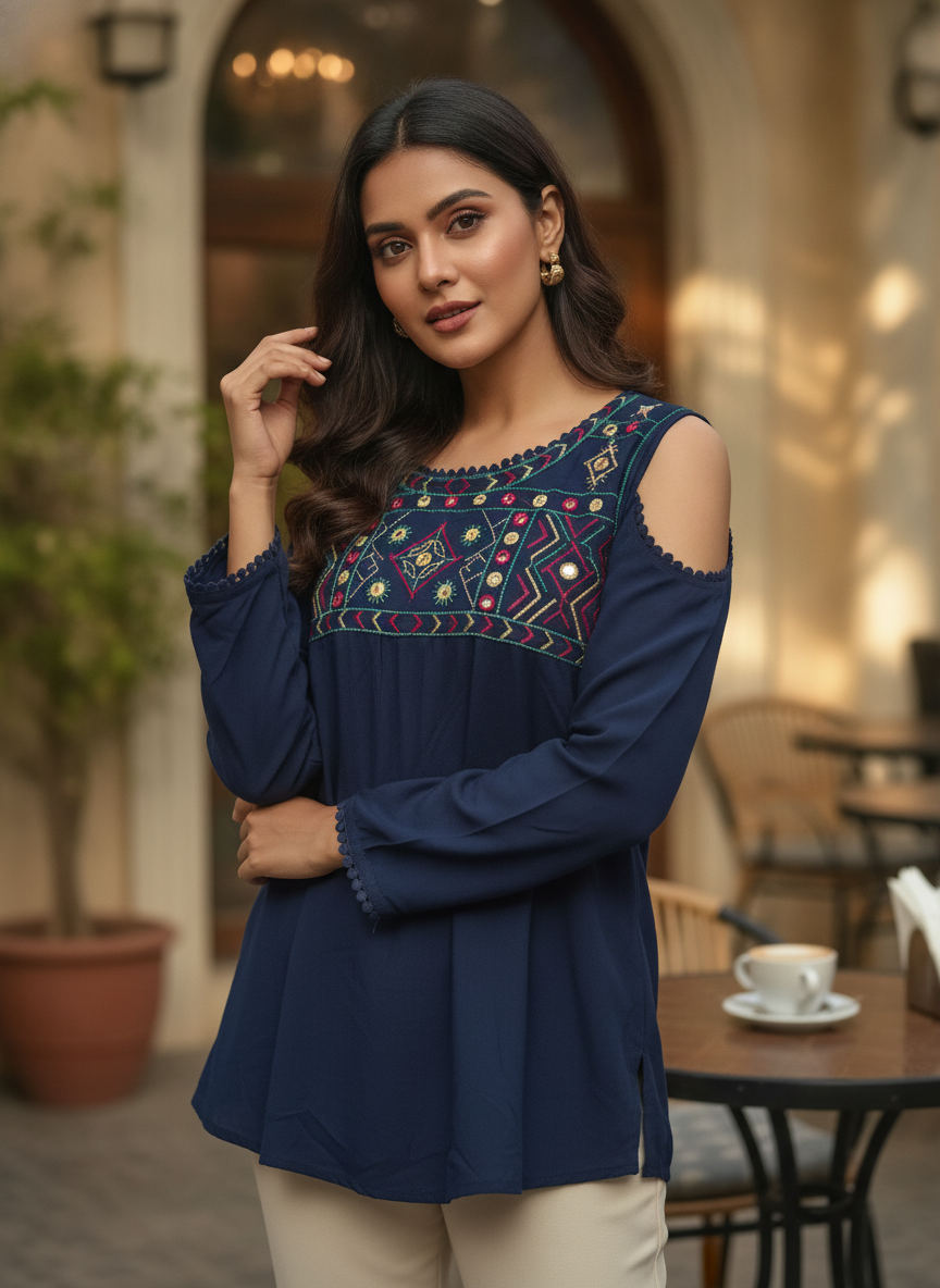 Women's Navy Blue Embellished Cut-Out Shoulder Top