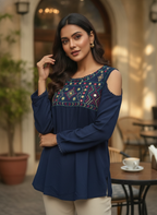 Women's Navy Blue Embellished Cut-Out Shoulder Top