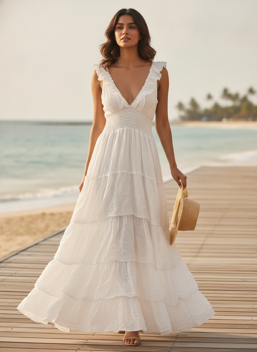 Women's White Ruffled Tiered Flared Maxi Dress