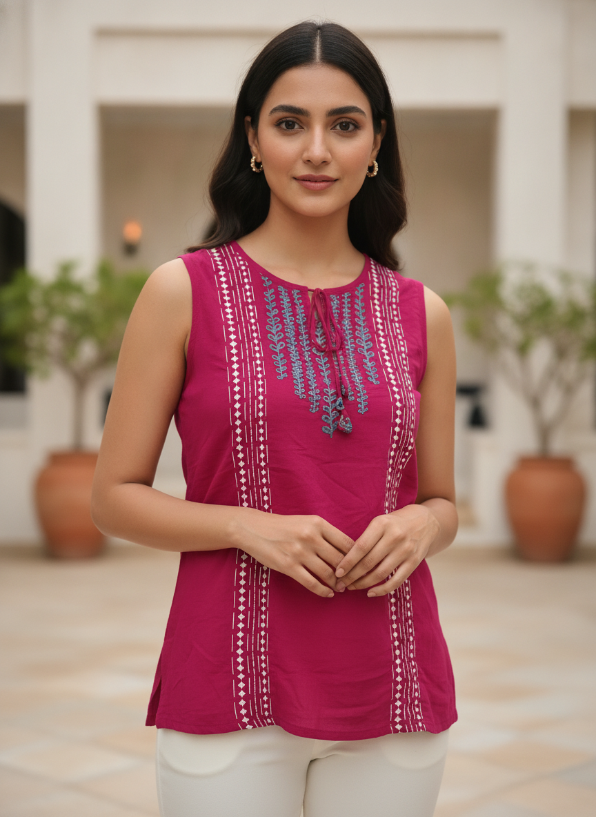 Magenta Embroidered Sleeveless Casual Top