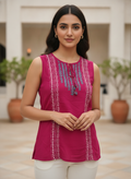 Magenta Embroidered Sleeveless Casual Top