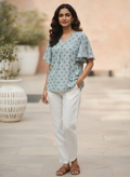 Women's Sea Green Geometric Print Flared Sleeve Top