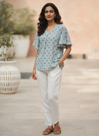 Women's Sea Green Geometric Print Flared Sleeve Top