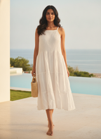 White Solid Relaxed Fit Tiered Sleeveless Dress