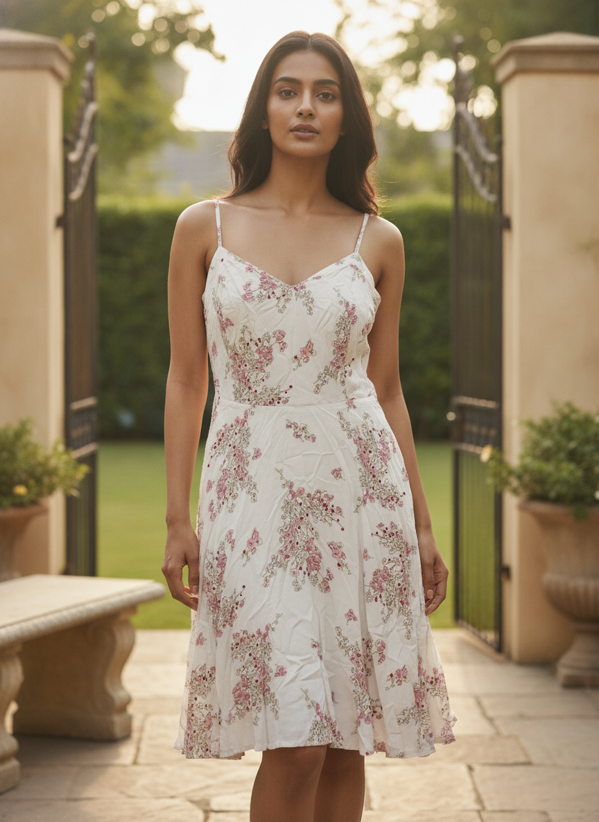 Off White Floral Print Flared Casual Dress