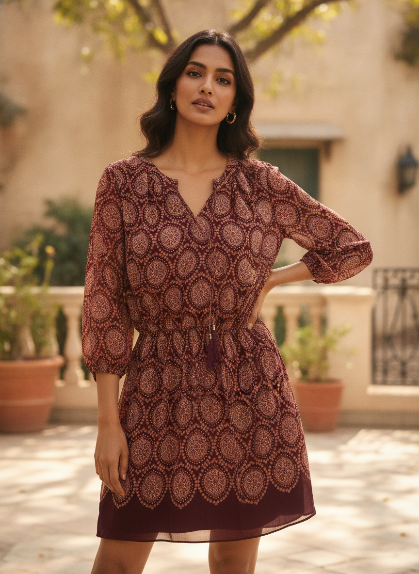 Women's Wine Ethnic Print Relaxed Fit Dress