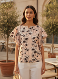 Peach Floral Printed Round Neck Flutter Sleeve Top