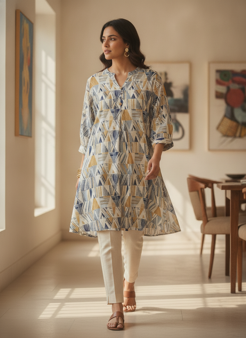 Multi Abstract Geometric Print Relaxed Fit Tunic Kurti