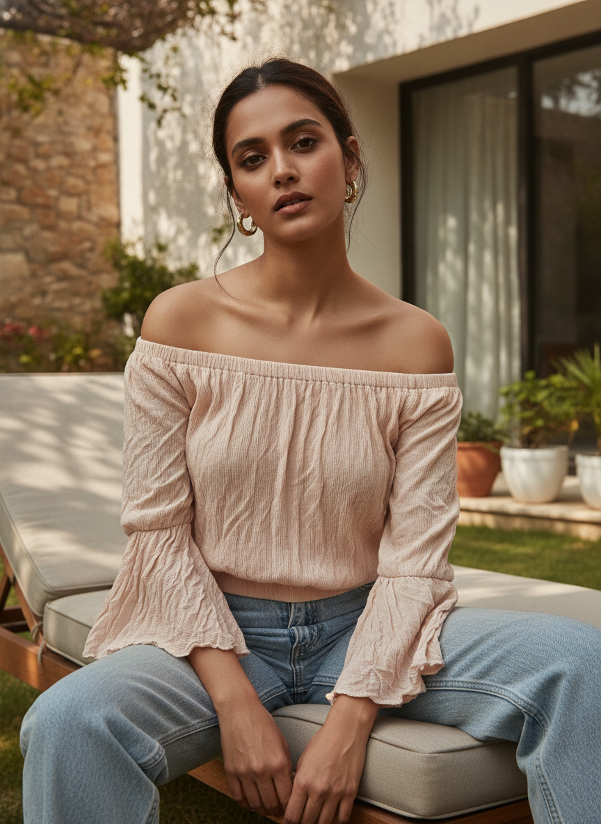 Peach Textured Off-Shoulder Relaxed Fit Top
