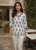 White & Navy Floral Printed V-Neck Kurti