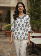 White & Navy Floral Printed V-Neck Kurti