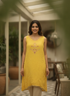 Yellow Embellished Sleeveless Kurti