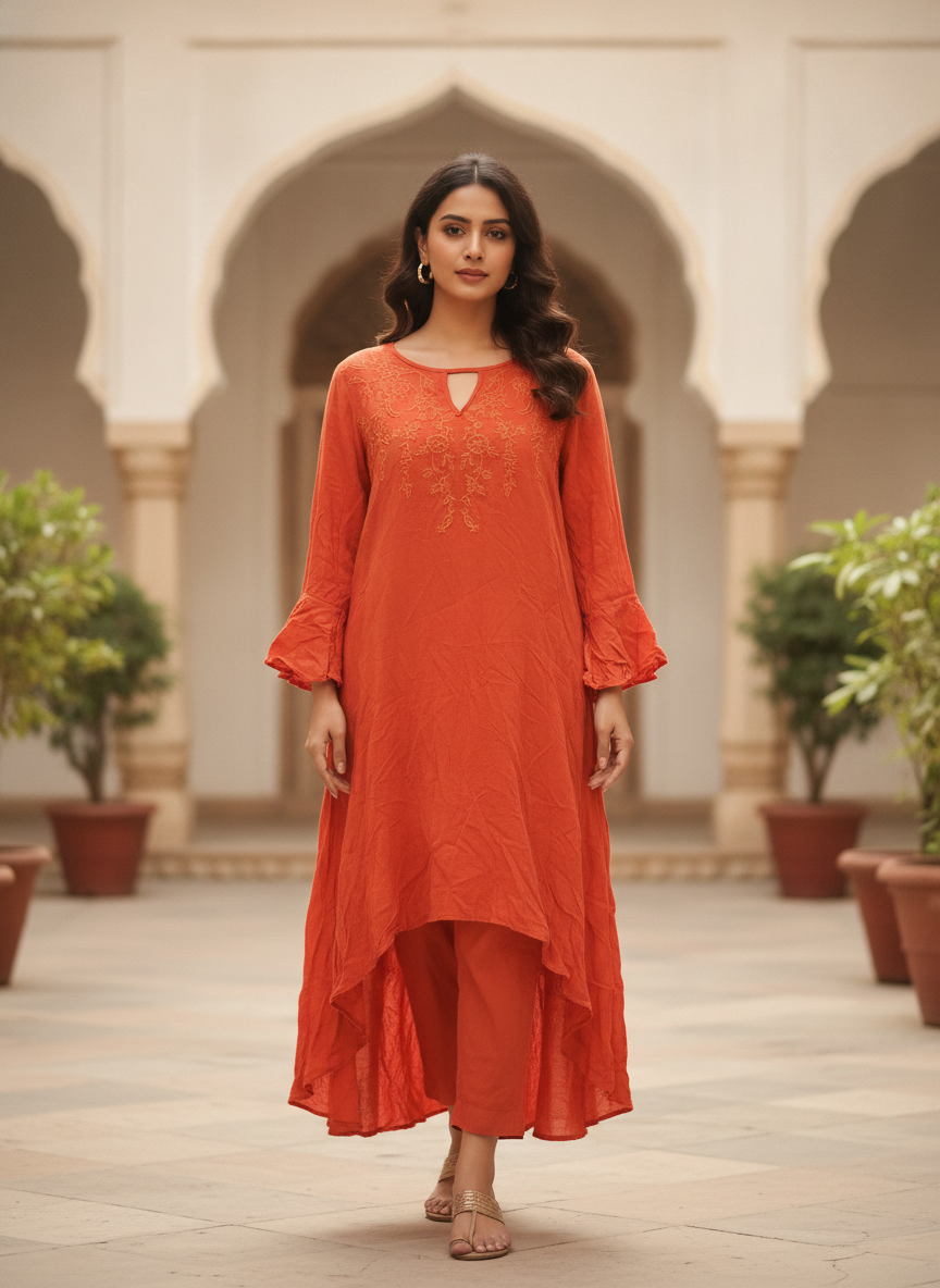 Orange Embroidered Relaxed Fit Kurti
