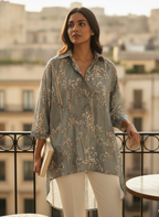 Grey Botanical Print Oversized Casual Shirt