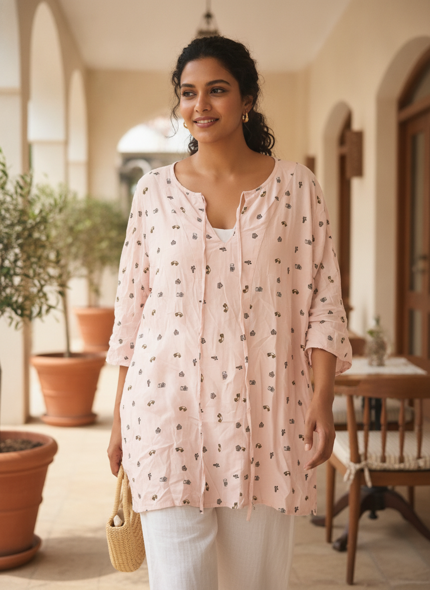 Pink Printed Relaxed Fit Tunic Top