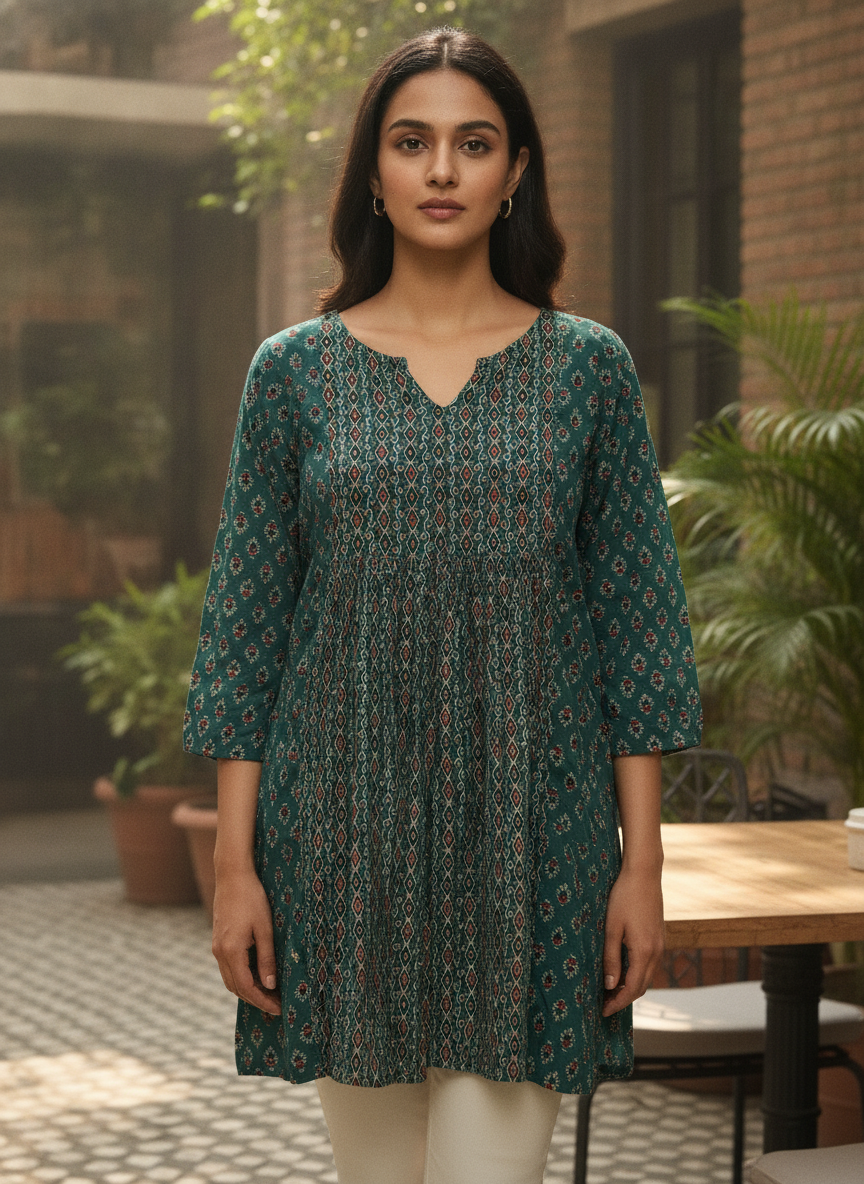 Teal Green Ethnic Printed Kurti