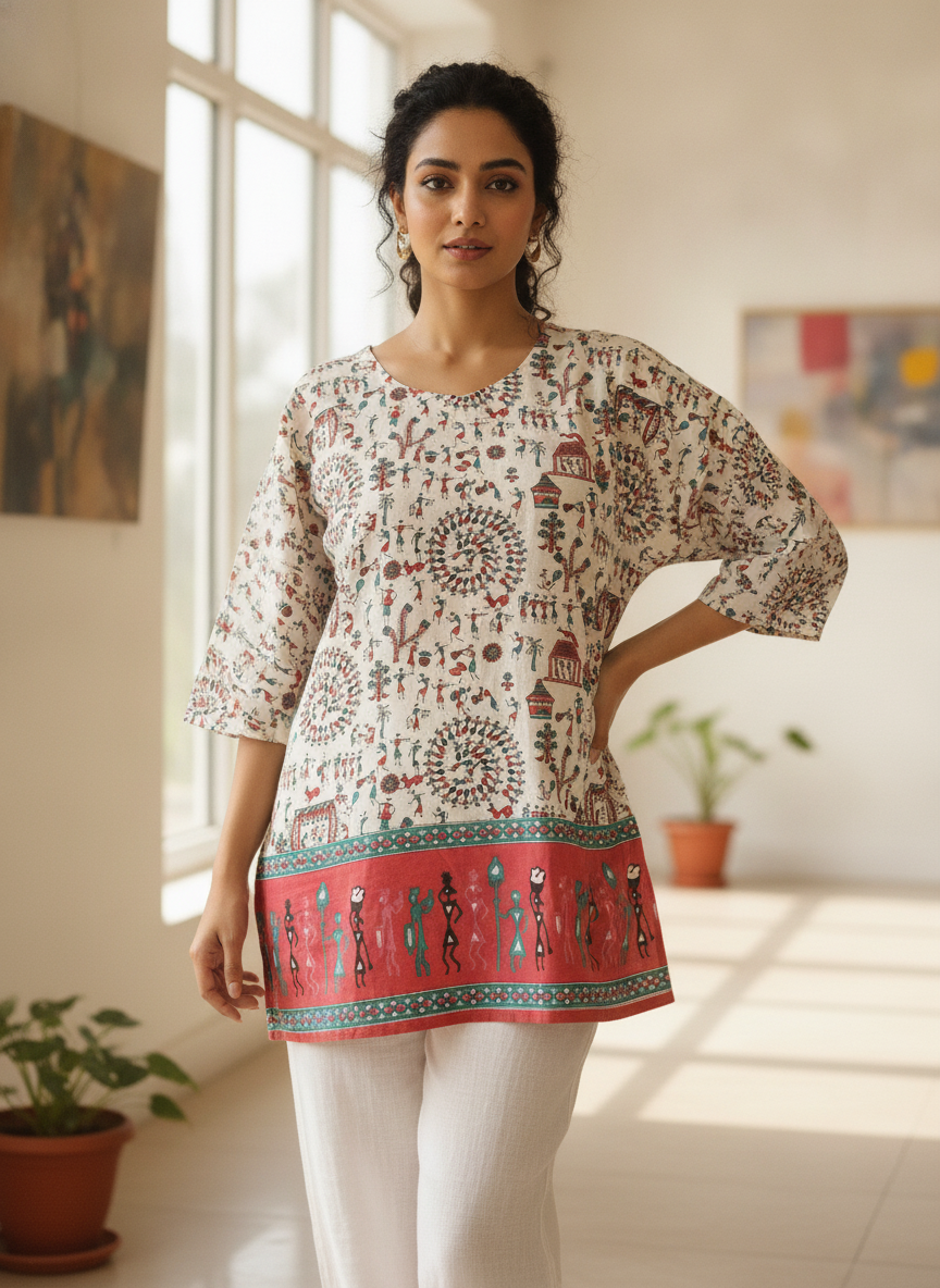 Off White Ethnic Print Cotton Kurti
