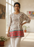 Off White Ethnic Print Cotton Kurti