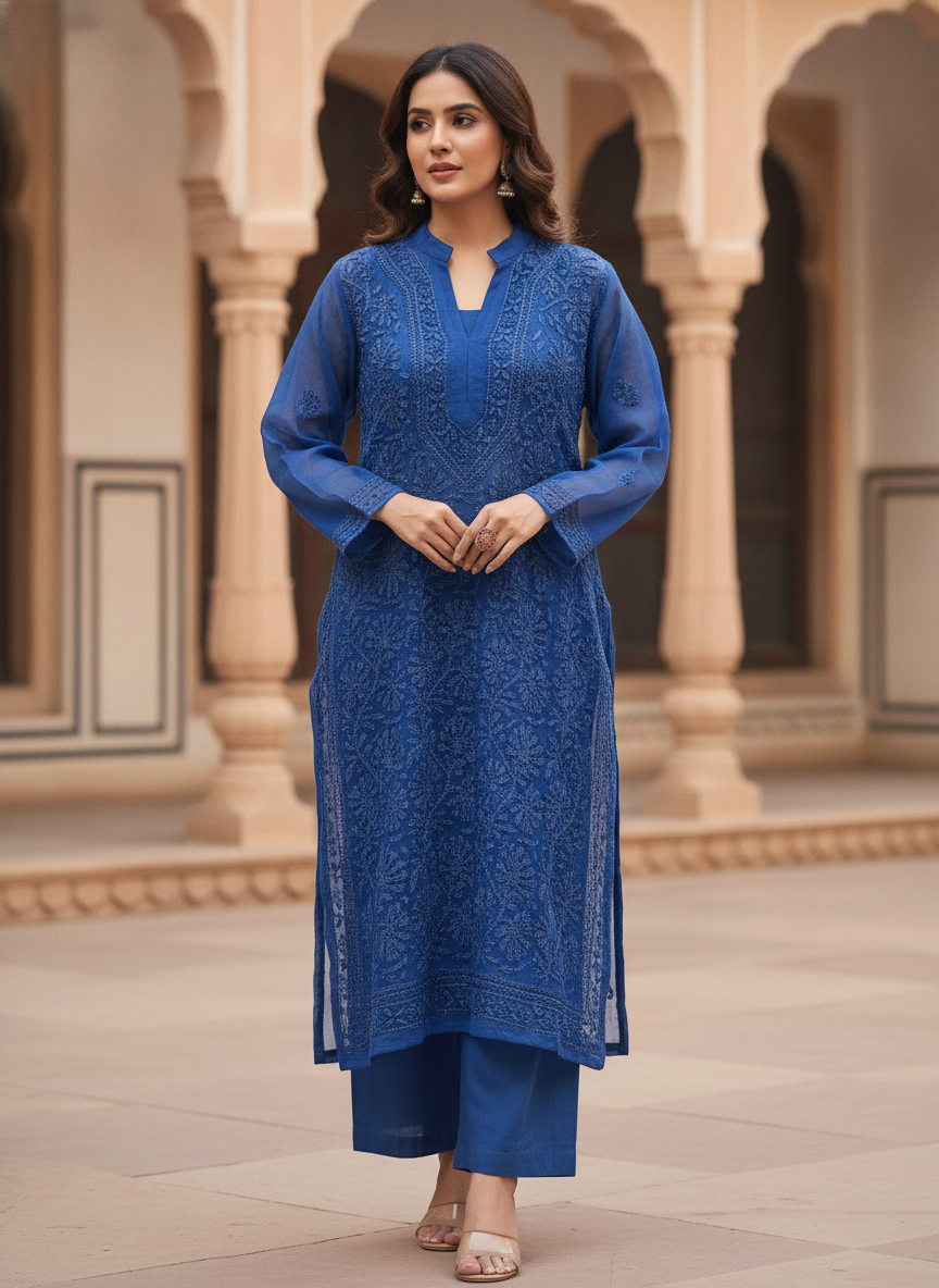 Blue Embellished Viscose Kurti