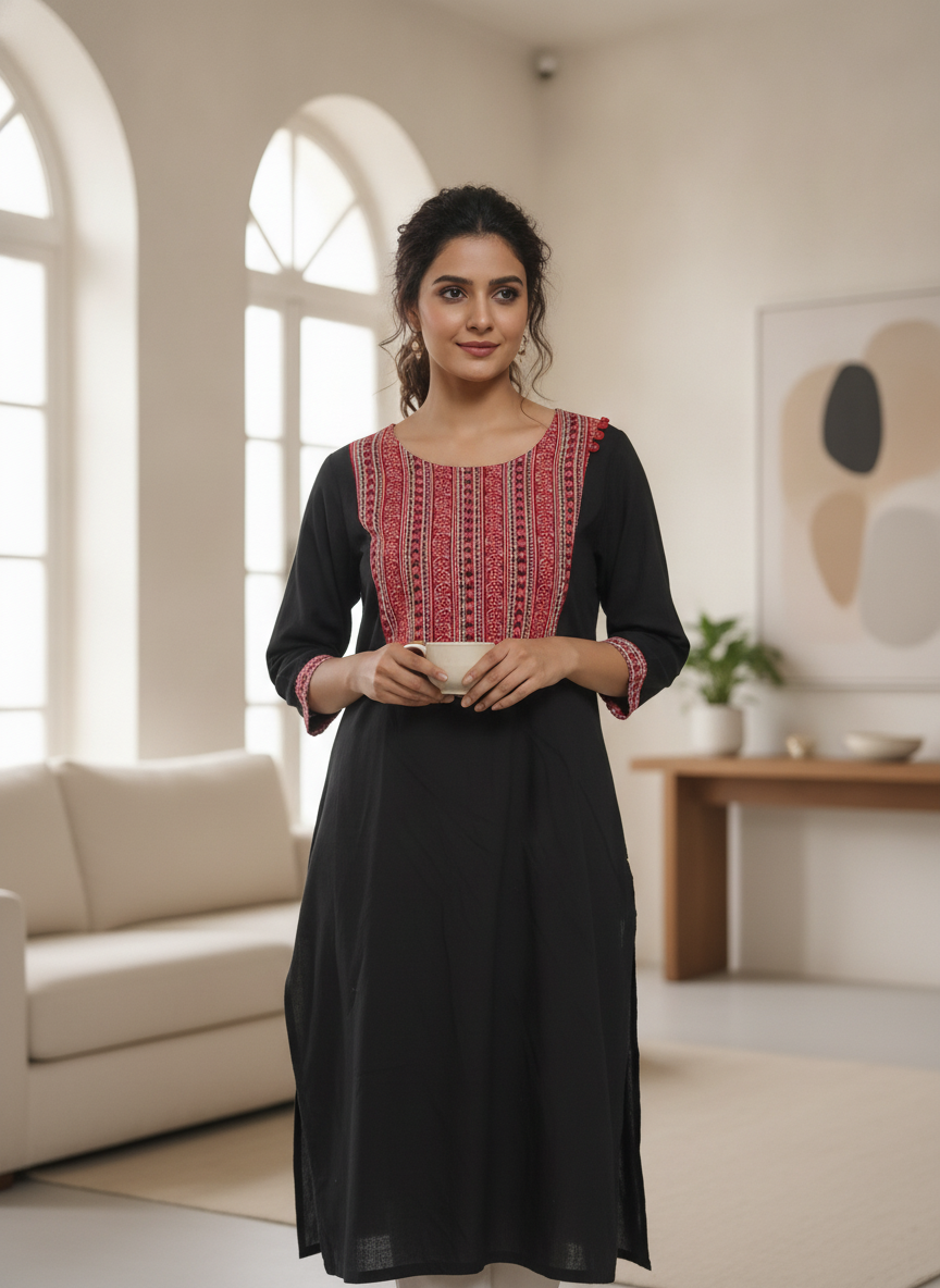 Black Ethnic Print Cotton Kurti