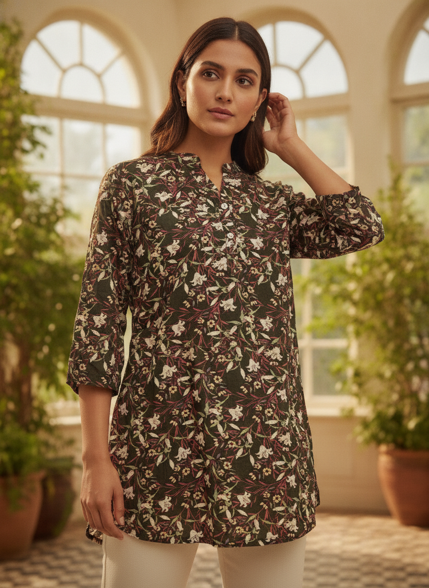 Women's Dark Green Floral Printed Tunic Top