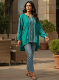 Women's Teal Ethnic Print Relaxed Fit Top with Tassels