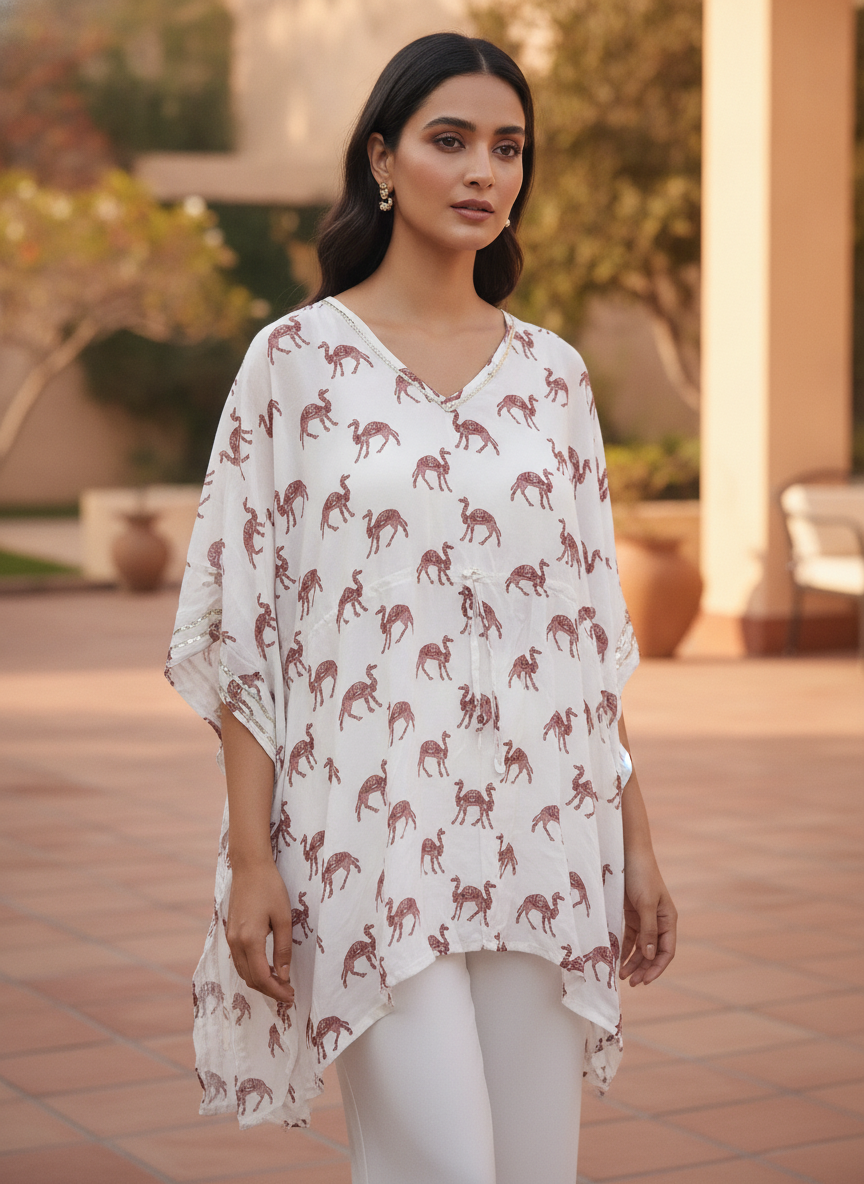 White Animal Print Kaftan Top
