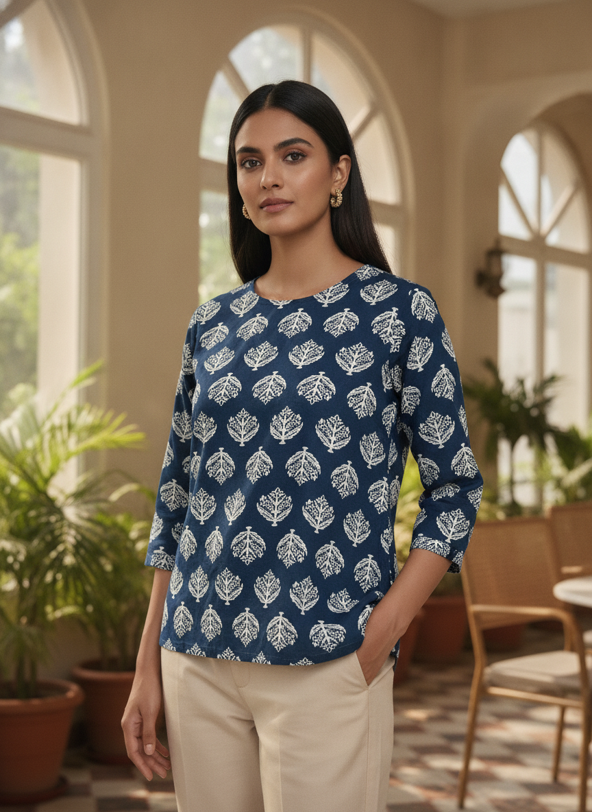 Women's Navy Blue Printed Cotton Kurti