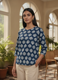 Women's Navy Blue Printed Cotton Kurti