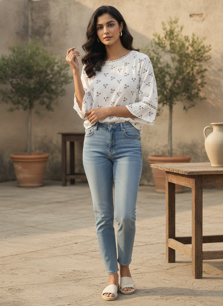 White Floral Print Top with Lace Details