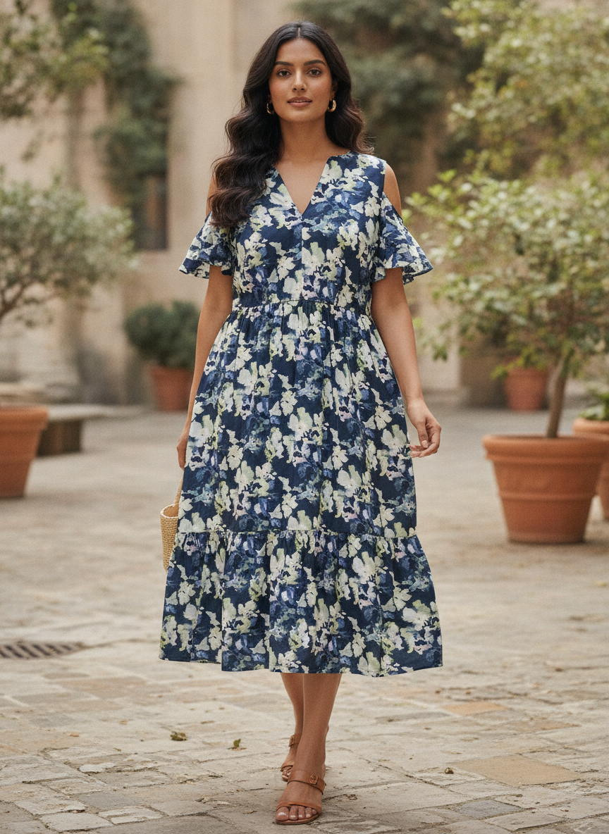 Women's Navy Floral Printed Regular Fit Dress