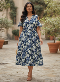 Women's Navy Floral Printed Regular Fit Dress