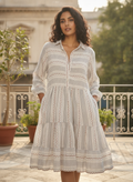 Off White Striped Collared Tiered Dress