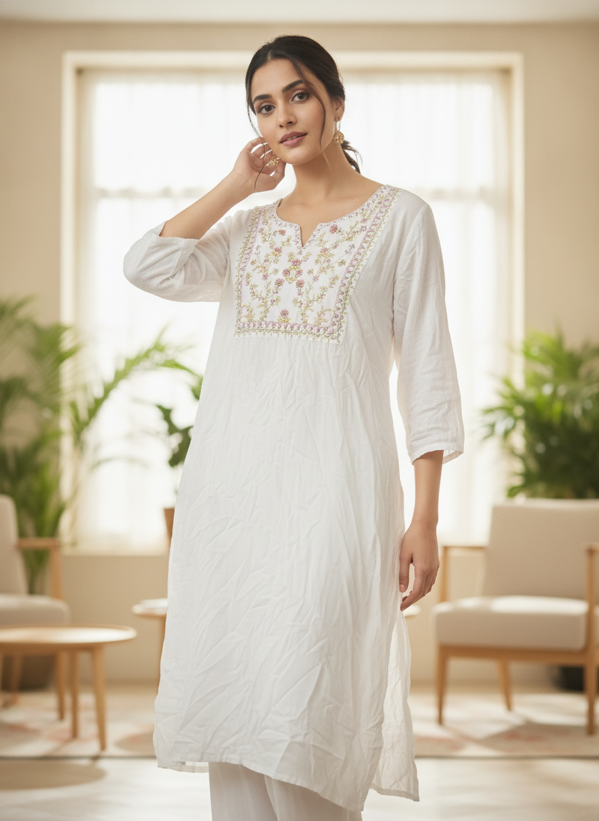 White Floral Embroidered Relaxed Fit Kurti