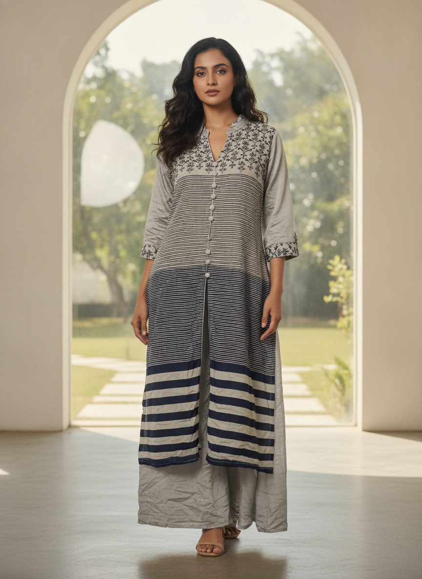 Light Grey & Navy Striped Ethnic Printed Kurti