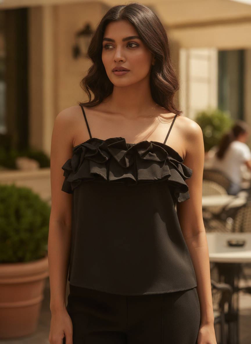 Women's Black Ruffled Cami Top