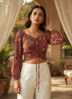 Women's Red Ethnic Print Long Sleeve Crop Top