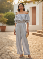 Women's Light Grey Ruffled Off-Shoulder Jumpsuit