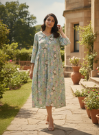 Women's Mint Floral Print Relaxed Fit Midi Dress