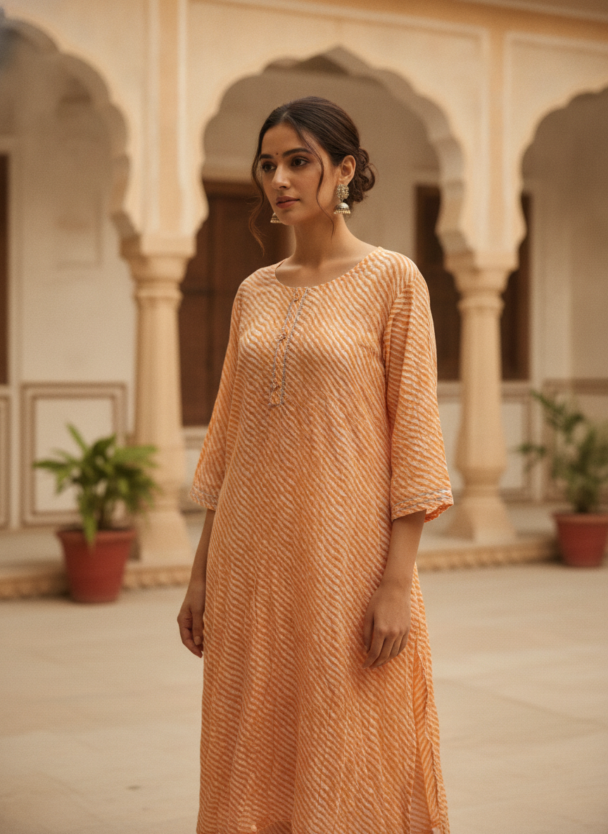 Orange and White Striped Rayon Kurti