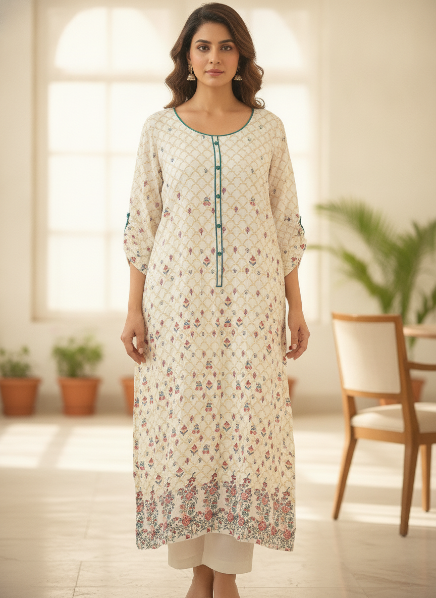 Off White Printed Cotton Kurti