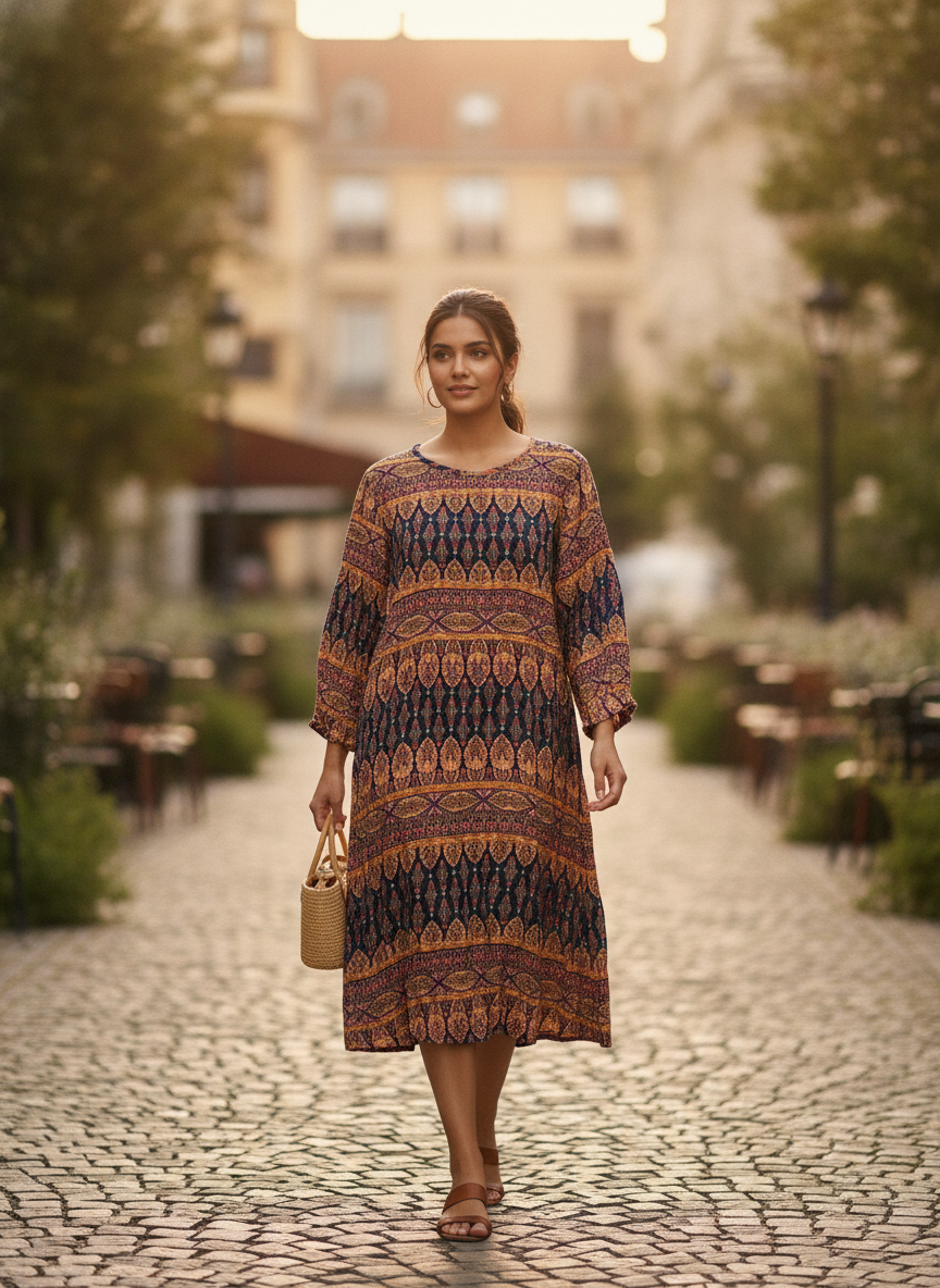 Women's Navy Ethnic Print Relaxed Fit Maxi Dress