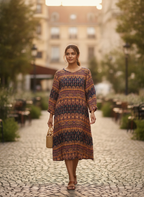 Women's Navy Ethnic Print Relaxed Fit Maxi Dress