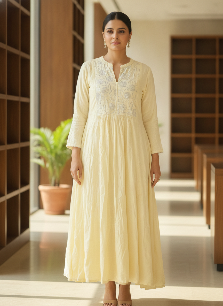 Cream Embellished Flared Kurti
