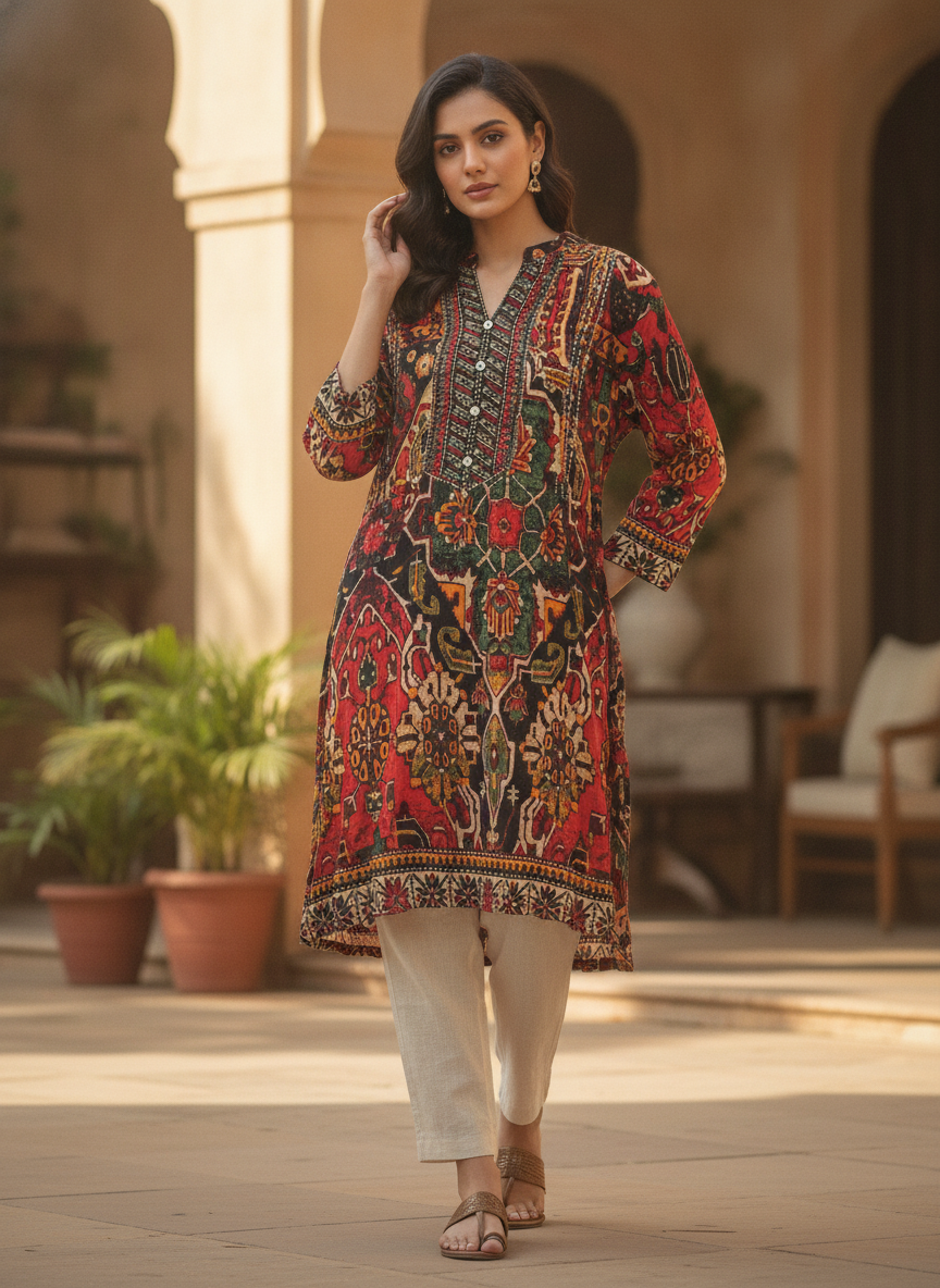 Multi-Colored Ethnic Print Rayon Kurti