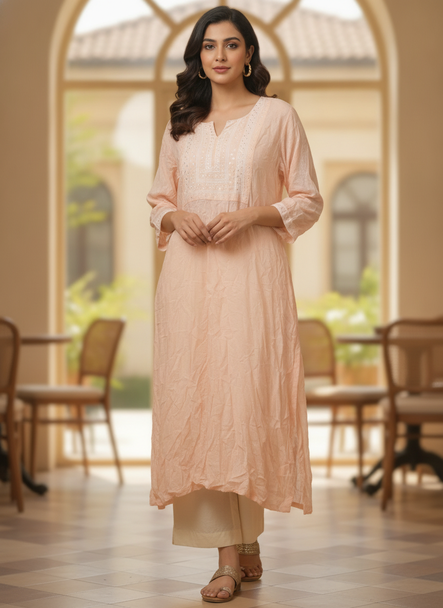 Peach Embellished Rayon Kurti