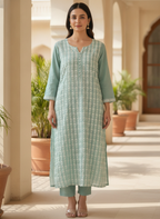 Sea Green Floral Embroidered Cotton Kurti